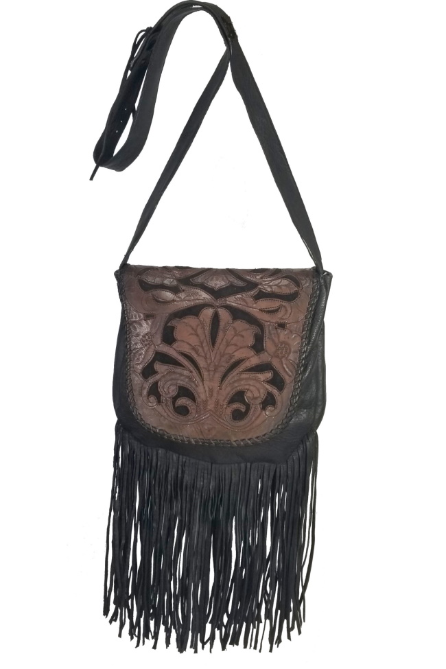 (image for) Inlaid Hand Tooled Fringed Leather Cross Body Shoulder Bag